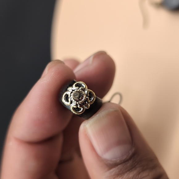 Gold Toned Drop Dangle Earrings With Black Wooden Beaded Focus - Picture 8 of 8